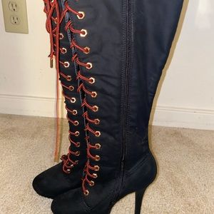 Women Knee High Boots Lace
Up Platform Side Zip High Heels